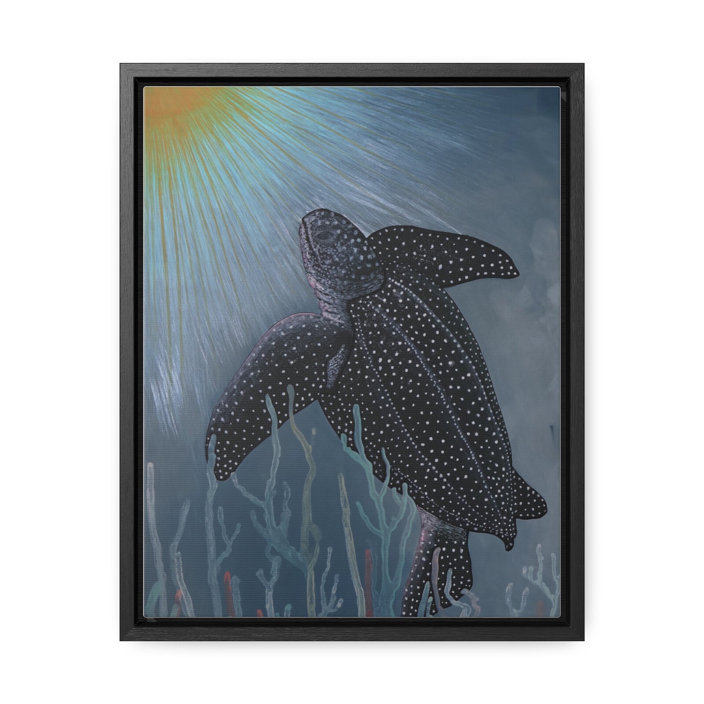 Framed Canvas Wrap - Underwater Sun Rise Leatherback Sea Turtle