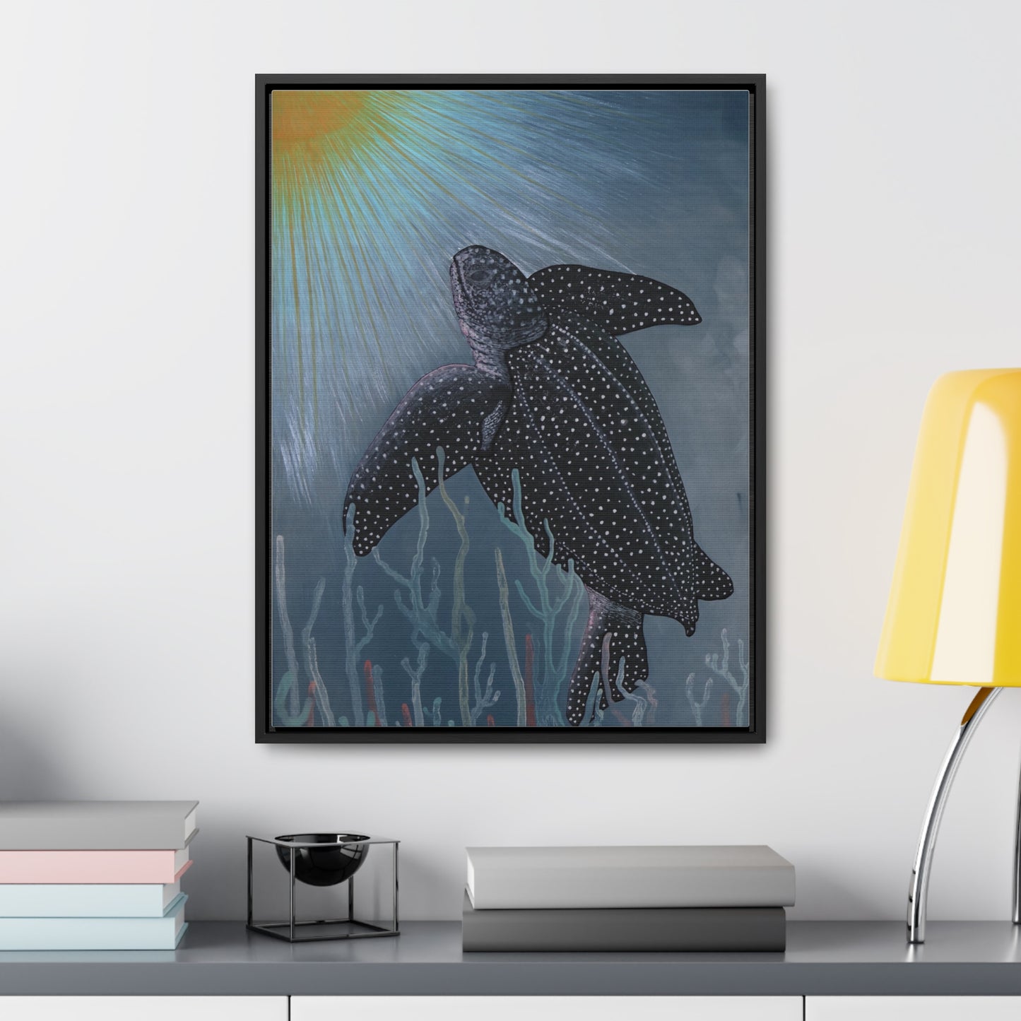 Framed Canvas Wrap - Underwater Sun Rise Leatherback Sea Turtle